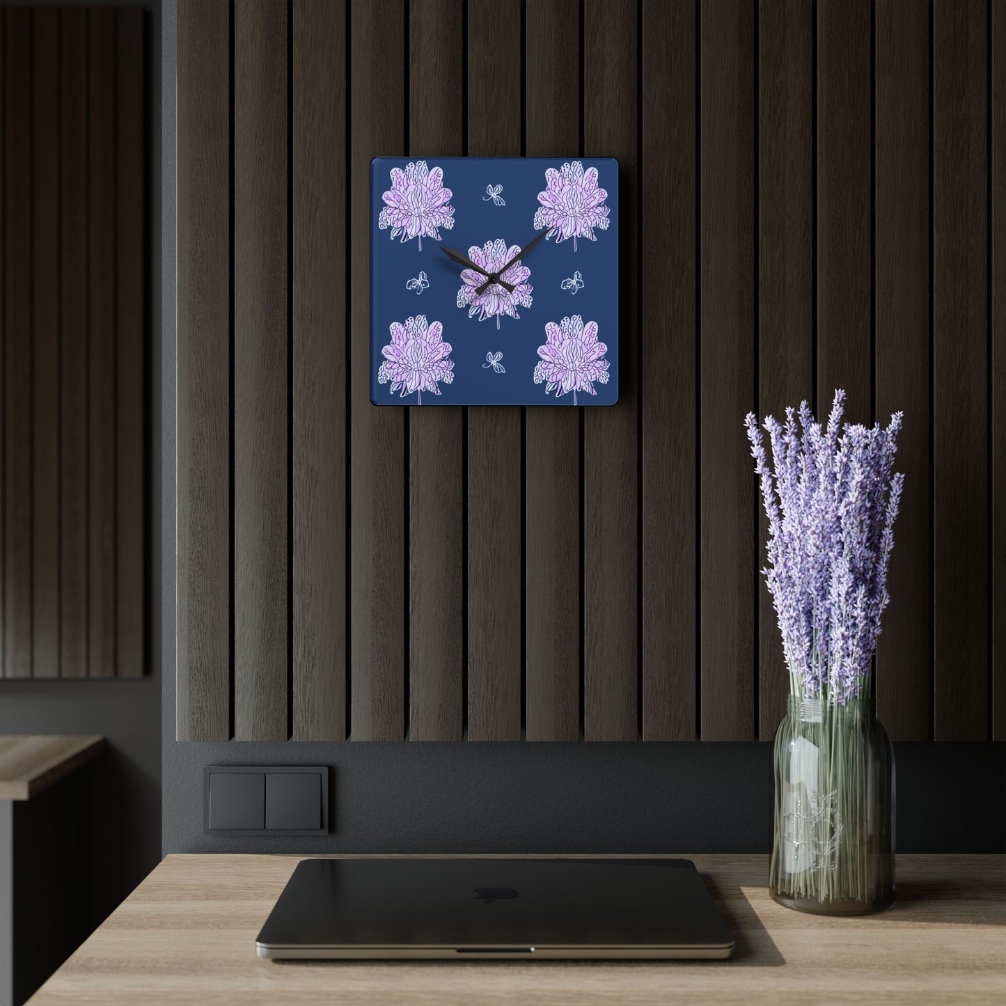 Purple White Floral Butterflies Acrylic Wall Clock, Round or Square, 10.75" x 10.75"
