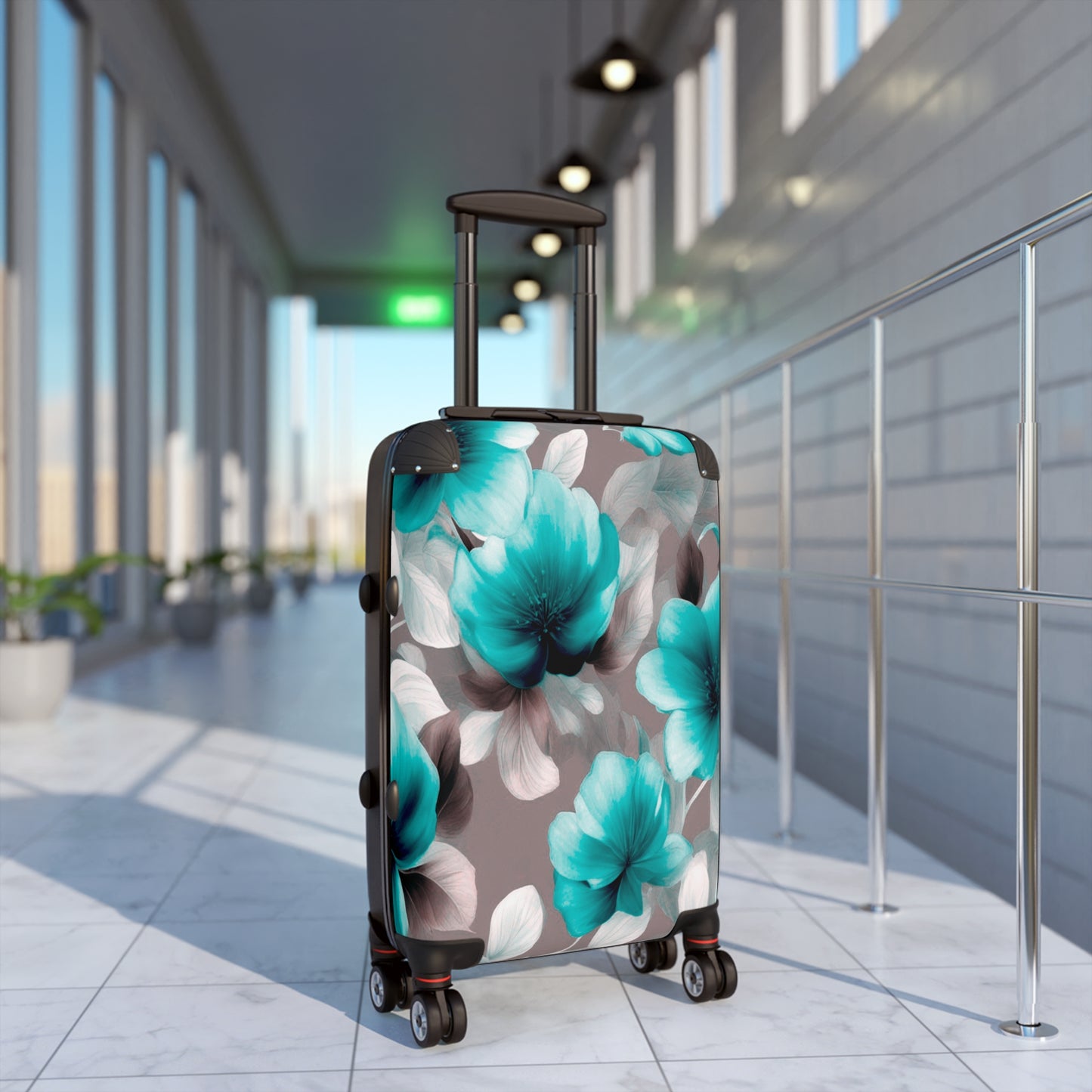Tif Green Gray Floral Bunch Small Suitcase with built in lock, 4 double-wheels, telescopic handle, and ABS back hard-shell