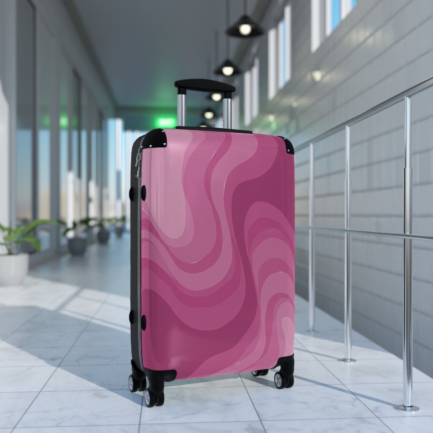 PInky Mauve Wavey Medium Suitcase with built in lock, 4 double-wheels, telescopic handle, and ABS back hard-shell