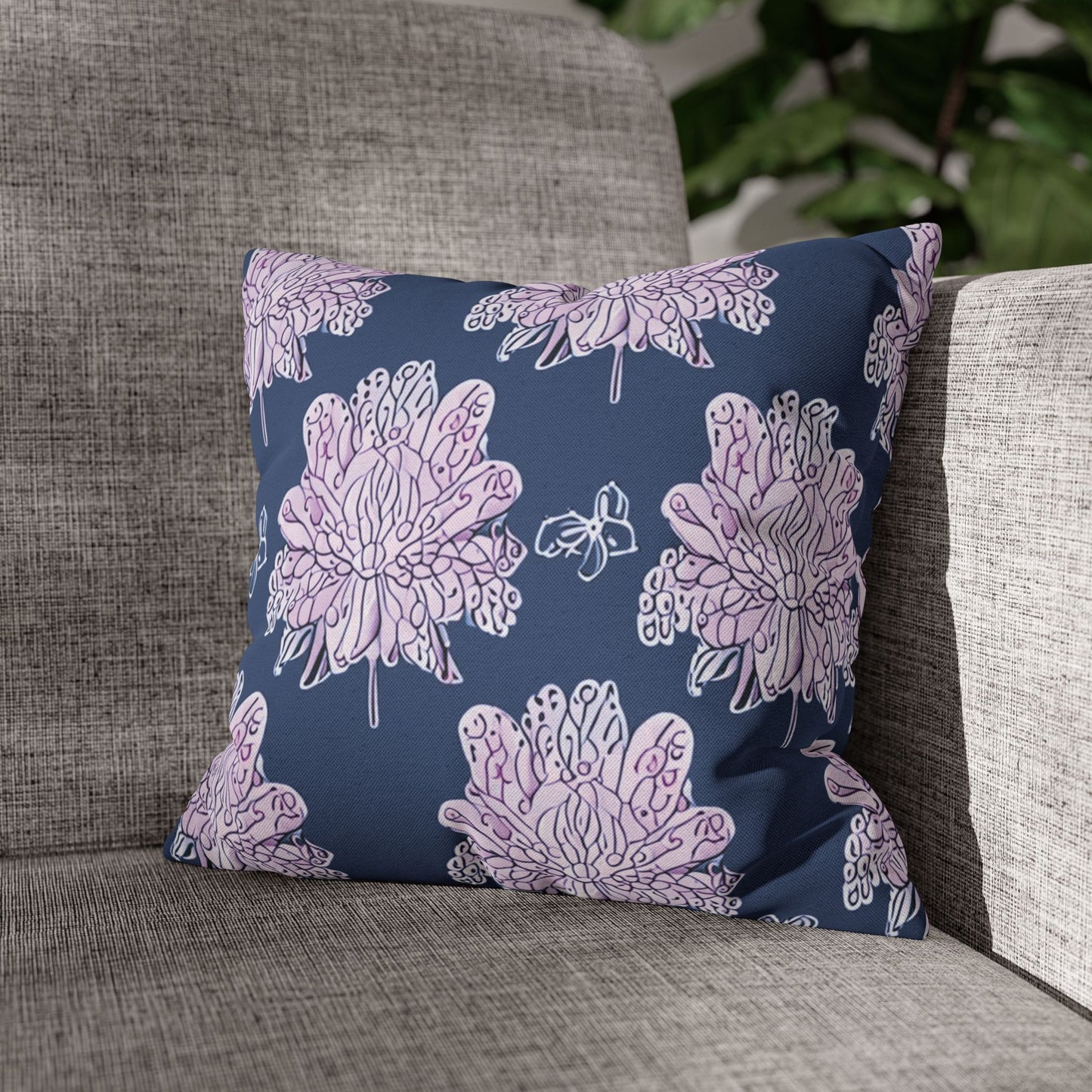 Purple White Floral Butterflies Spun Polyester Square Pillowcase, 14" x 14"