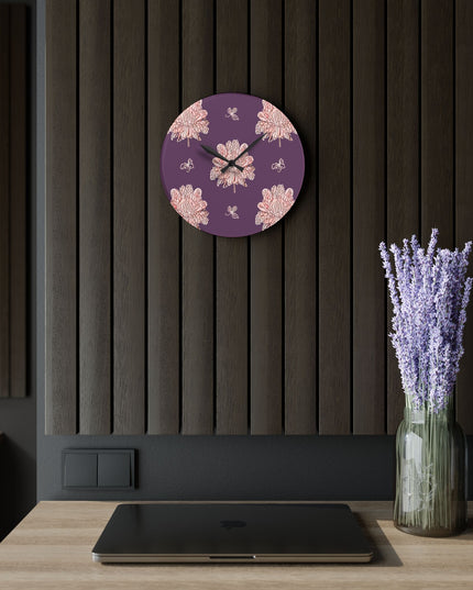 Pink Floral Butterflies Acrylic Wall Clock, Round or Square, 10.75" x 10.75"