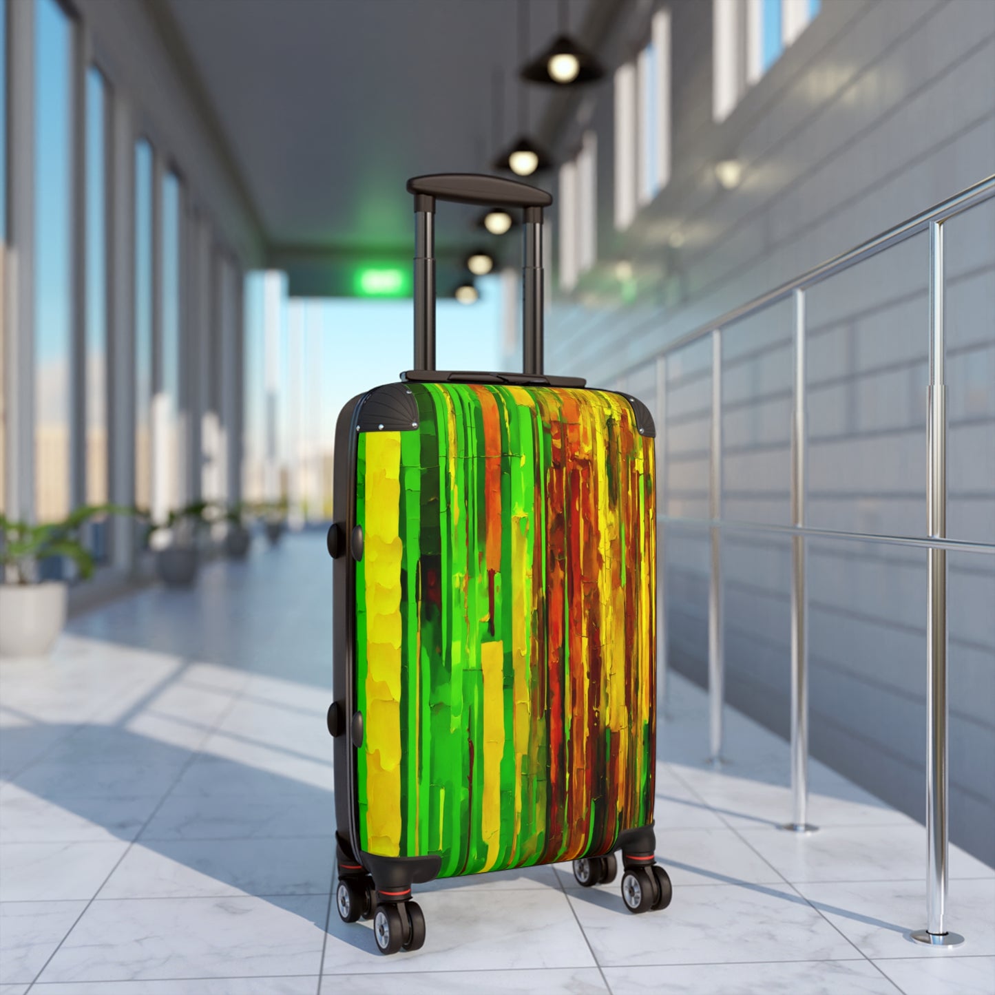 Striped Blue Green Small Suitcase with built in lock, 4 double-wheels, telescopic handle, and ABS back hard-shell