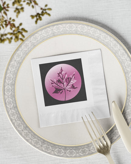 Magenta Maple Leaf White Coined Napkins, 4.8" x 4.8"