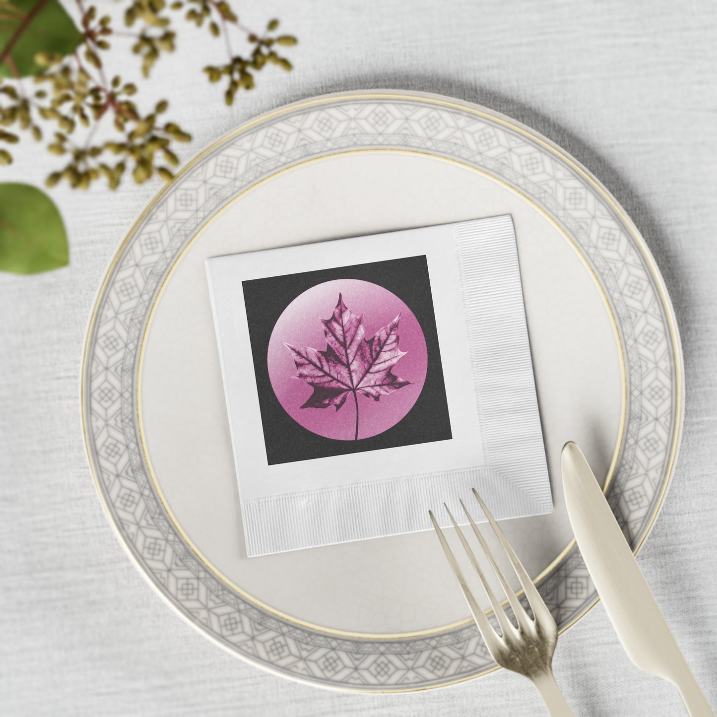 Magenta Maple Leaf White Coined Napkins, 4.8" x 4.8"