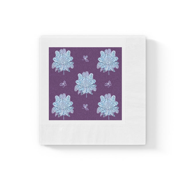 Blue Floral Butterflies White Coined Napkins, 6.5" x 6.5"