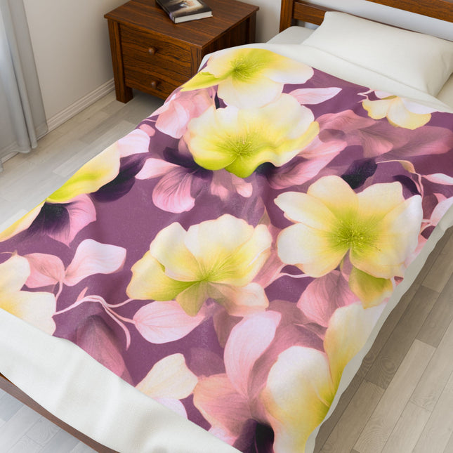 Lemon Blossom Floral Bunch Velveteen Plush Blanket, 50" x 60"