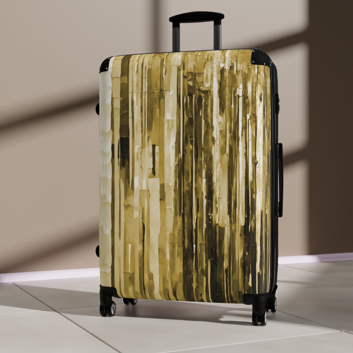 Striped Light Brown Large Suitcase with built in lock, 4 double-wheels, telescopic handle, and ABS back hard-shell