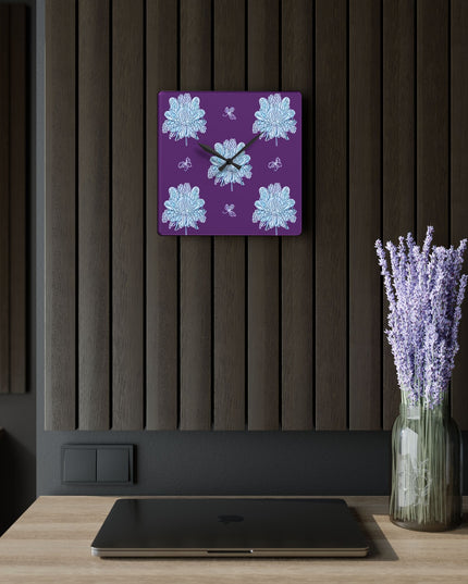 Blue Floral Butterflies Acrylic Wall Clock, Round or Square, 10.75" x 10.75"