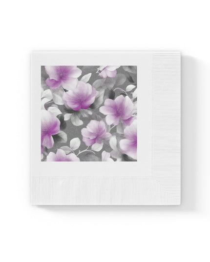 Purple Blossom Floral Bunch White Coined Napkins, 4.8" x 4.8"