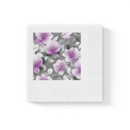 Purple Blossom Floral Bunch White Coined Napkins, 4.8" x 4.8"