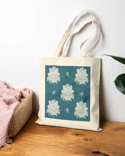 Tif Green White Floral Butterflies Cotton Canvas Tote Bag