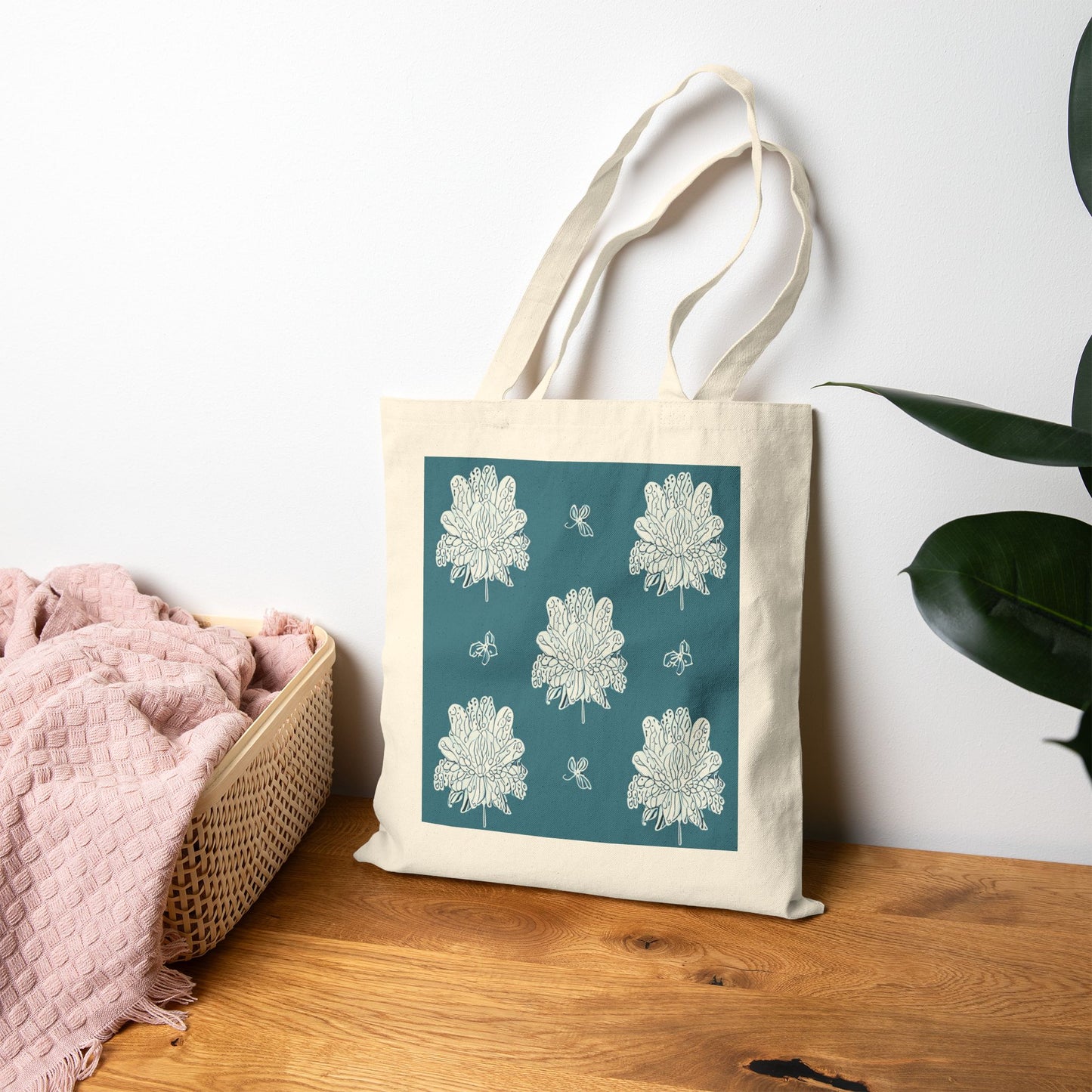 Tif Green White Floral Butterflies Cotton Canvas Tote Bag