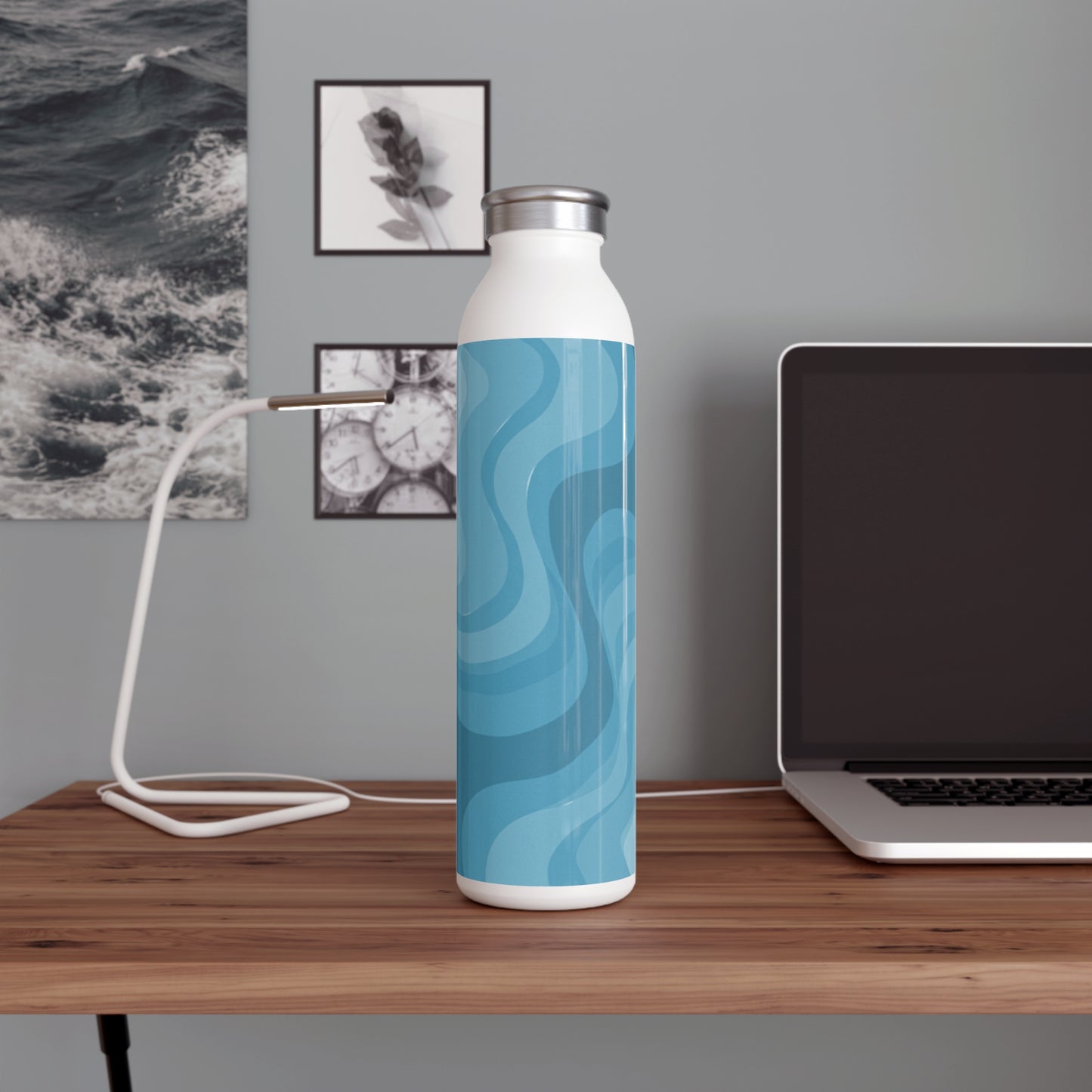 Sky Blue Wavey Slim Water Bottle, 20 oz White