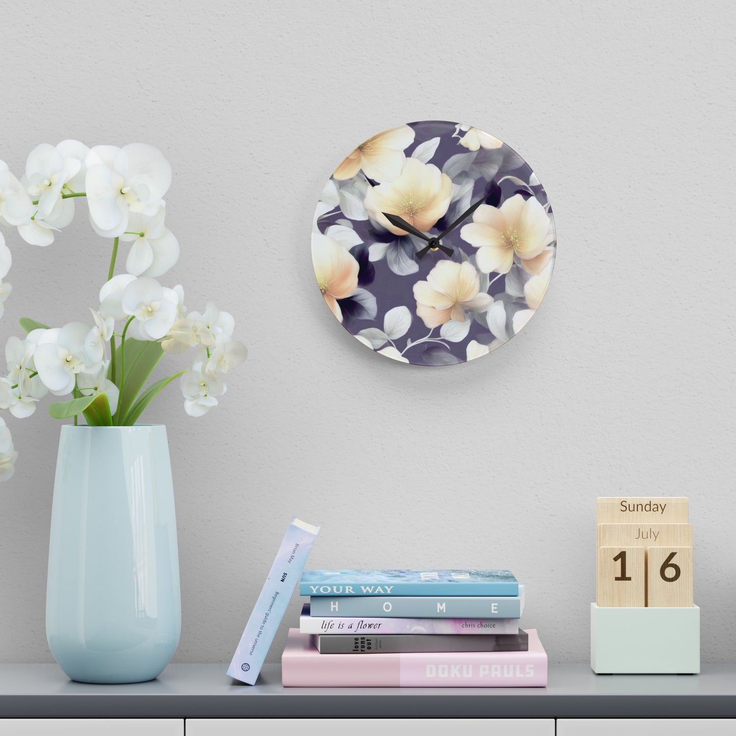 White Blush Floral Bunch Acrylic Wall Clock, Round or Square, 10.75" x 10.75"