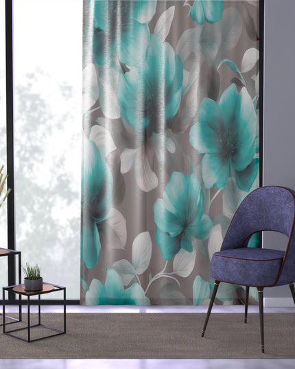 Tif Green Gray Floral Bunch Sheer Window Curtain, 50" x 84", partially transparent