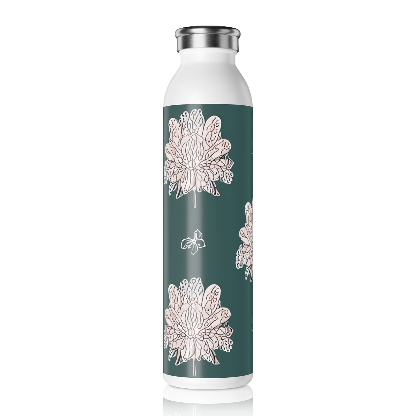 Soft White Floral Butterflies Slim Water Bottle, 20 oz White
