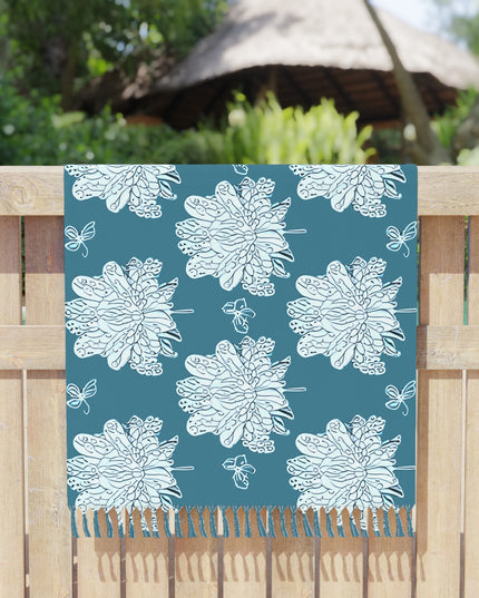Tif Green White Floral Butterflies 38" × 81" Boho Beach Cloth