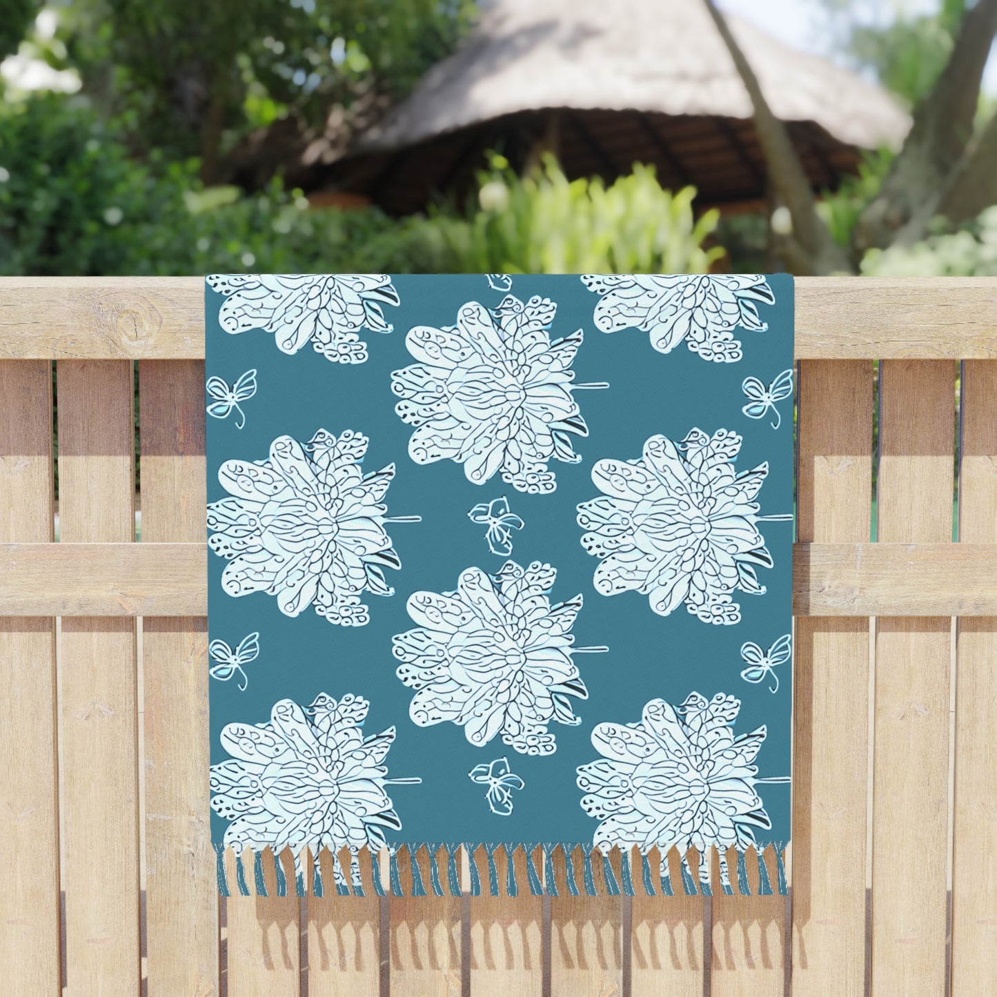Tif Green White Floral Butterflies 38" × 81" Boho Beach Cloth