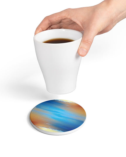 Blue Sea Red Orange Fog 4" x 4" Round Ceramic Coaster