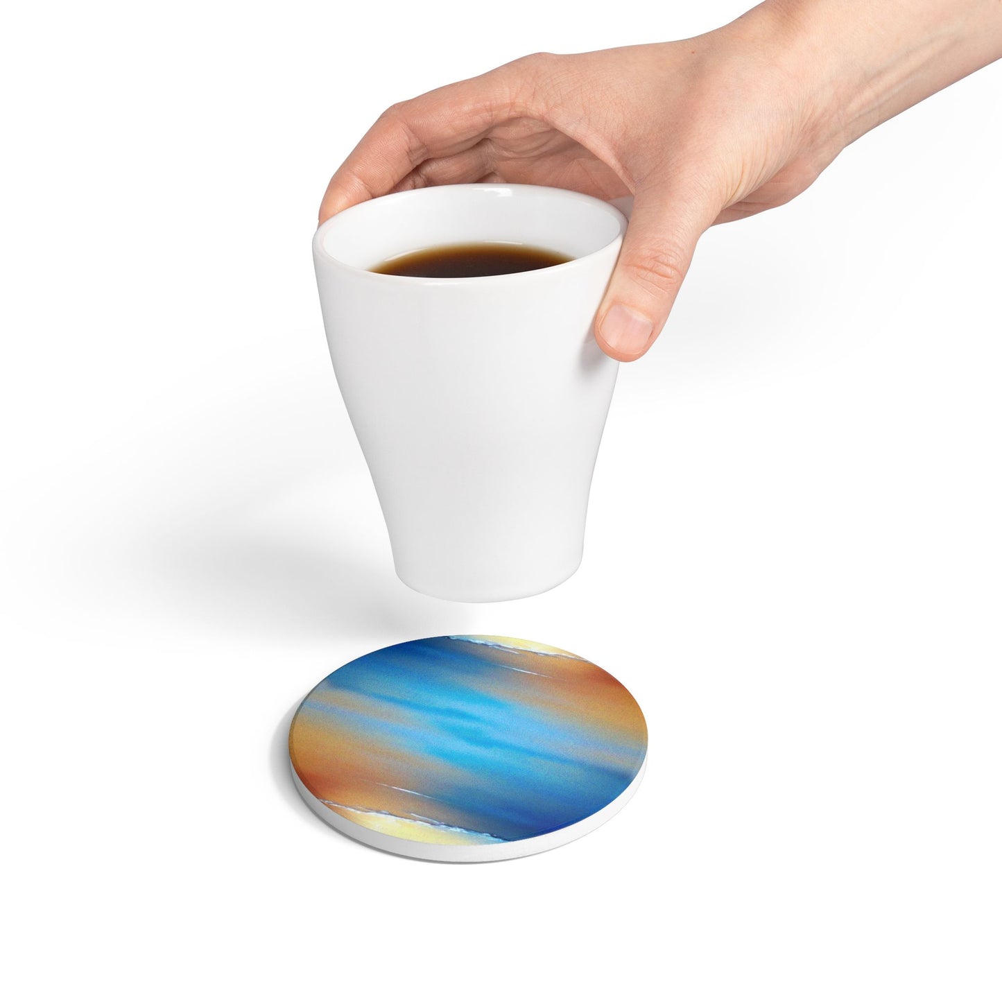 Blue Sea Red Orange Fog 4" x 4" Round Ceramic Coaster