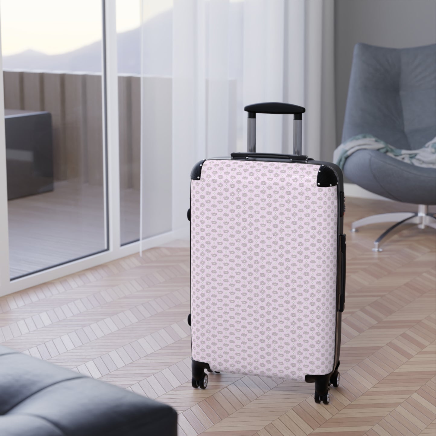 Pink Mornings Star-crossed Bodies Medium Suitcase with built in lock, 4 double-wheels, telescopic handle, and ABS back hard-shell