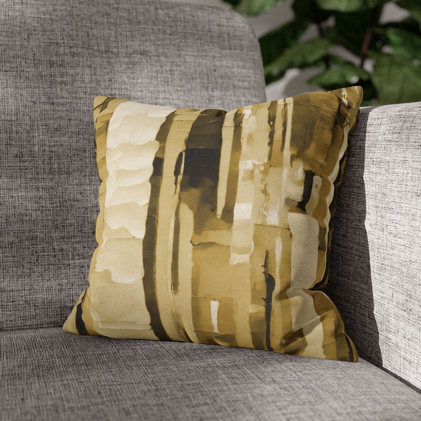 Striped Light Brown Spun Polyester Square Pillowcase, 14" x 14"
