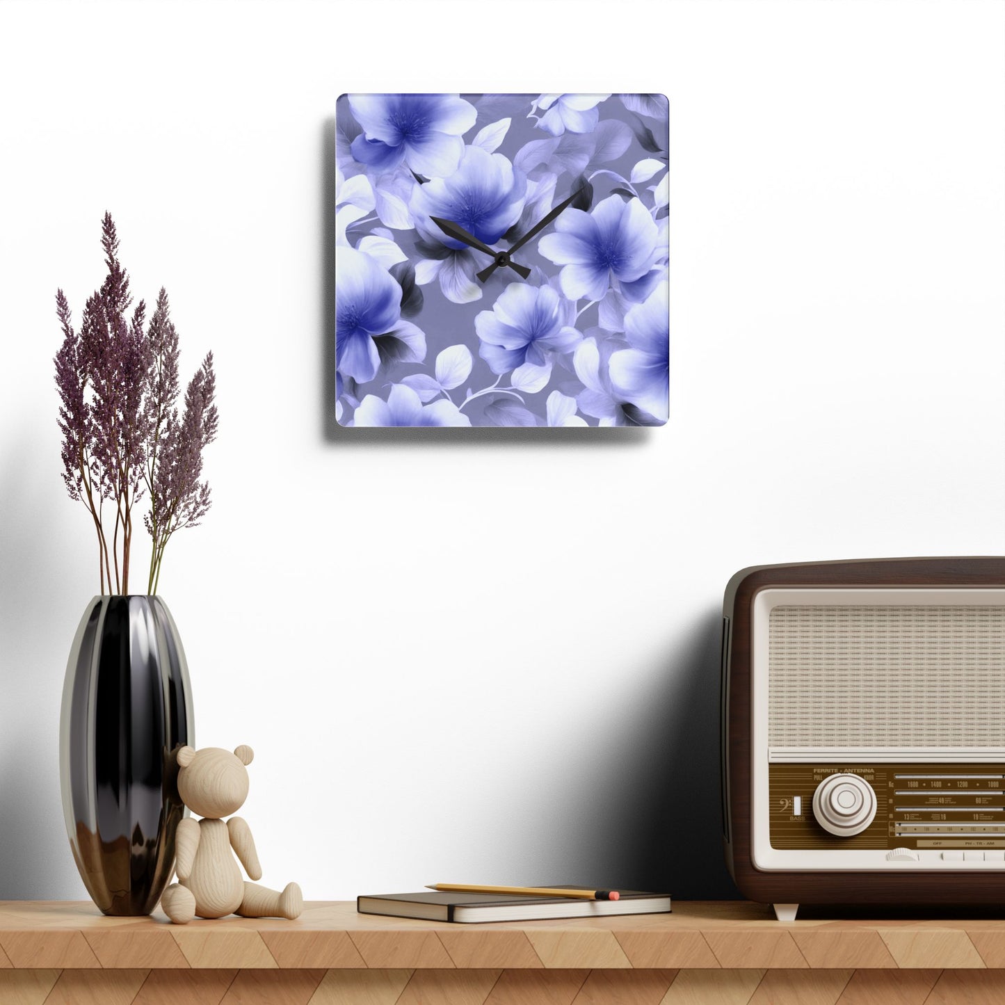 Indigo Blossom Floral Bunch Acrylic Wall Clock, Round or Square, 10.75" x 10.75"