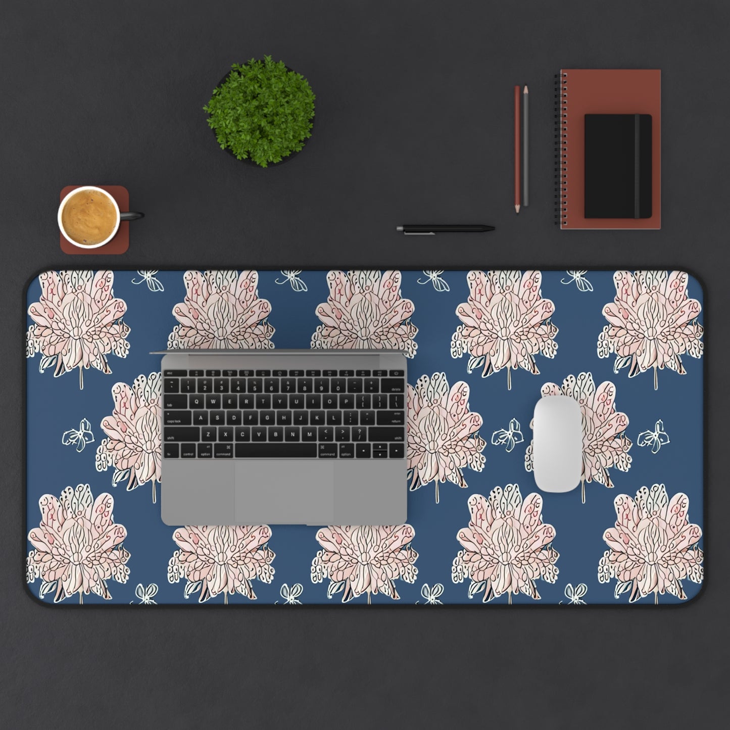 Rose White Floral Butterflies 16" x 32" Desk Mat