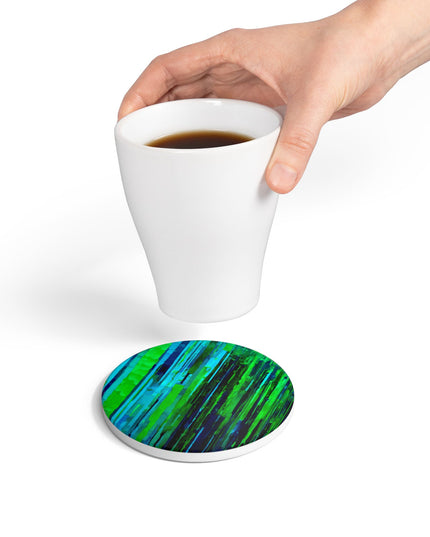 Striped Blue Green 4" x 4" Round Ceramic Coaster