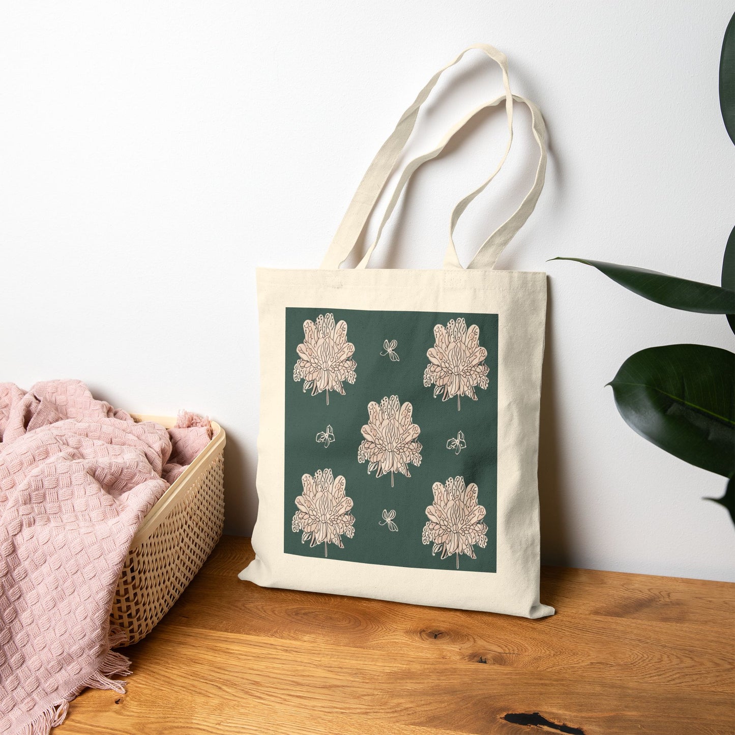 Soft White Floral Butterflies Cotton Canvas Tote Bag