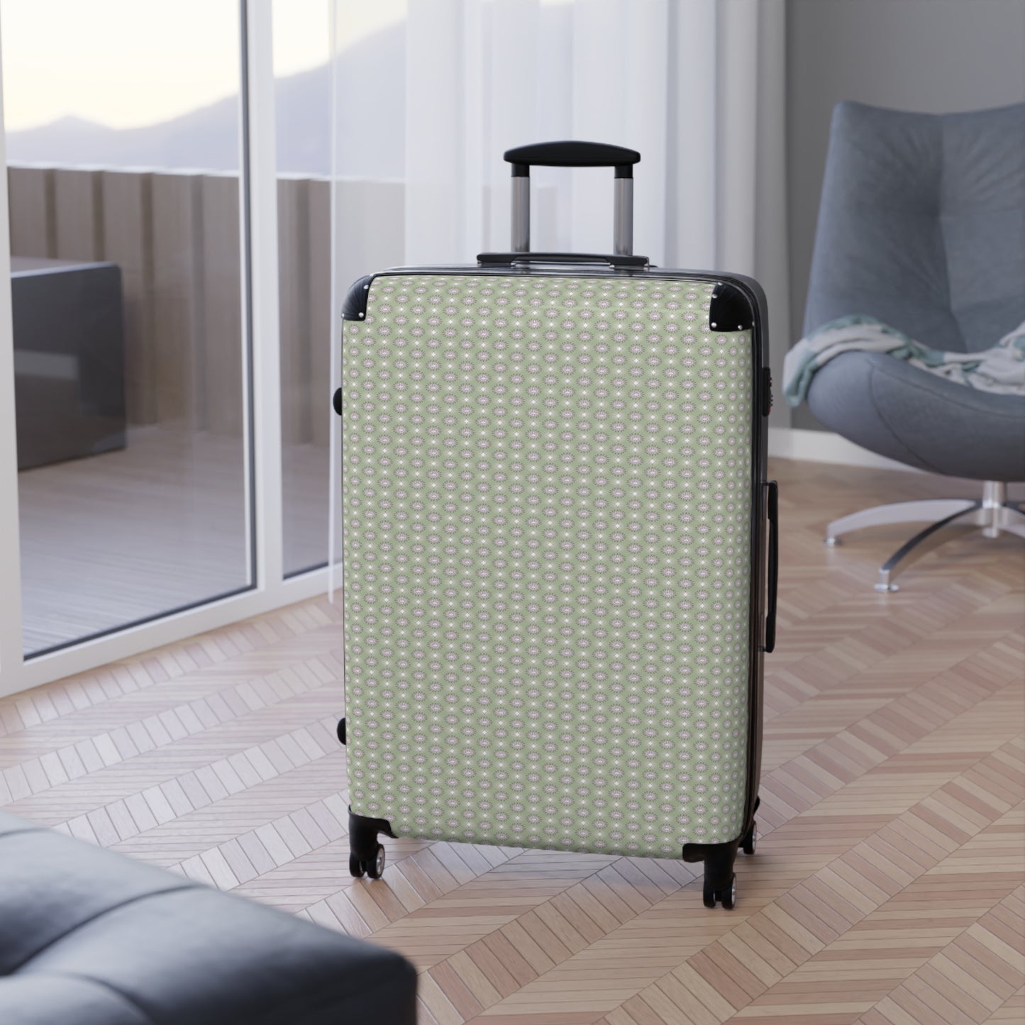 Olive Star-crossed Bodies Large Suitcase with built in lock, 4 double-wheels, telescopic handle, and ABS back hard-shell