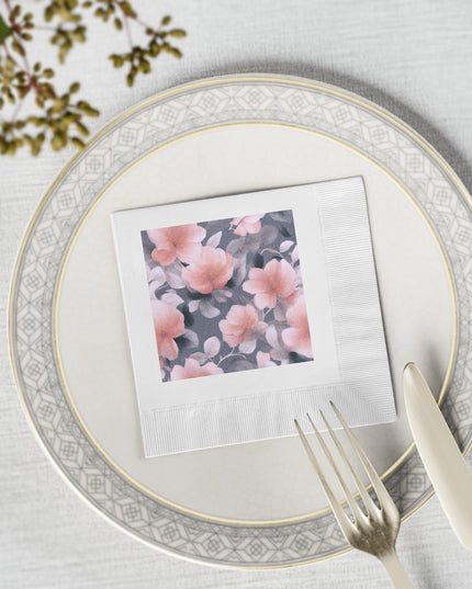 Peach and Blue Gray Floral Bunch White Coined Napkins, 4.8" x 4.8"