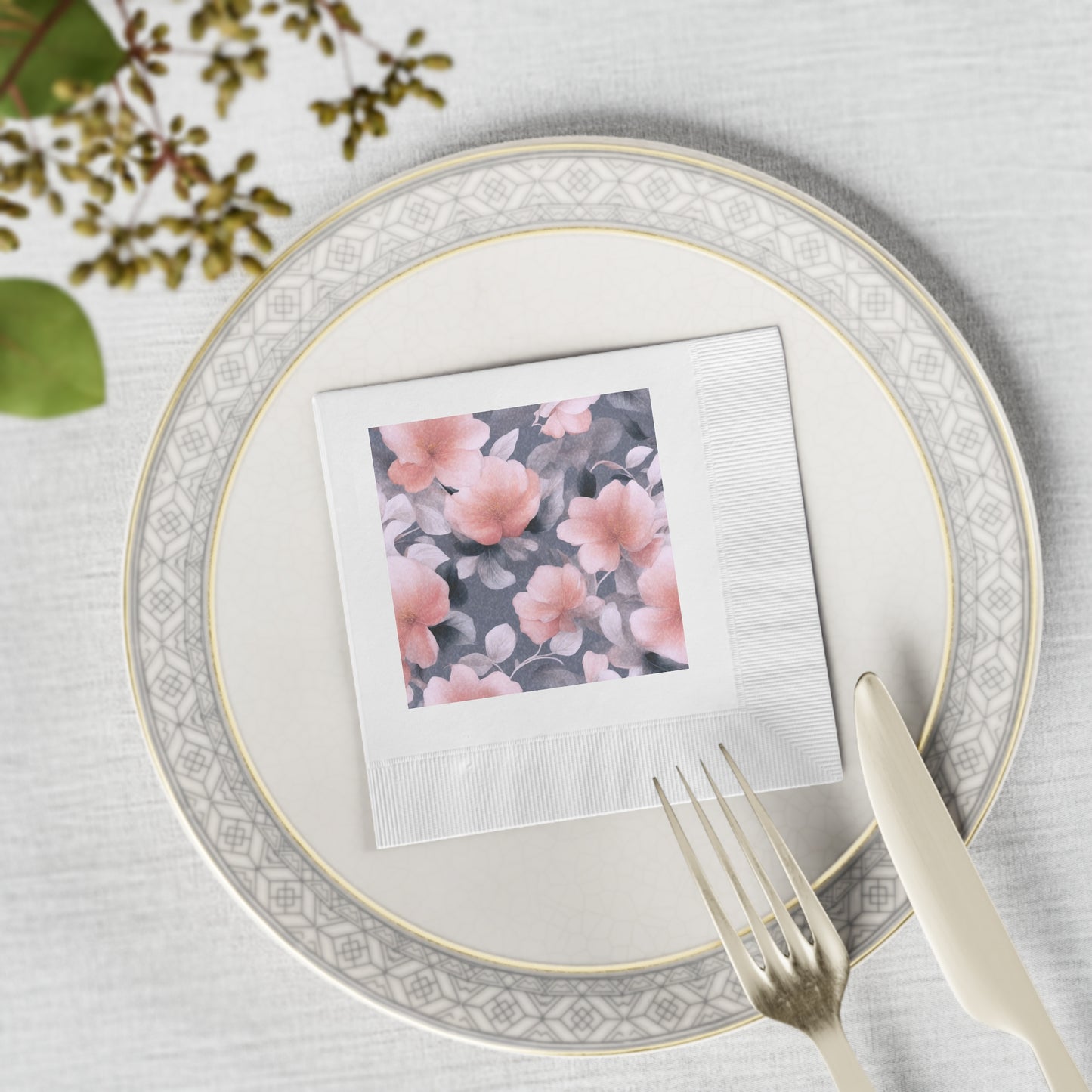 Peach and Blue Gray Floral Bunch White Coined Napkins, 4.8" x 4.8"