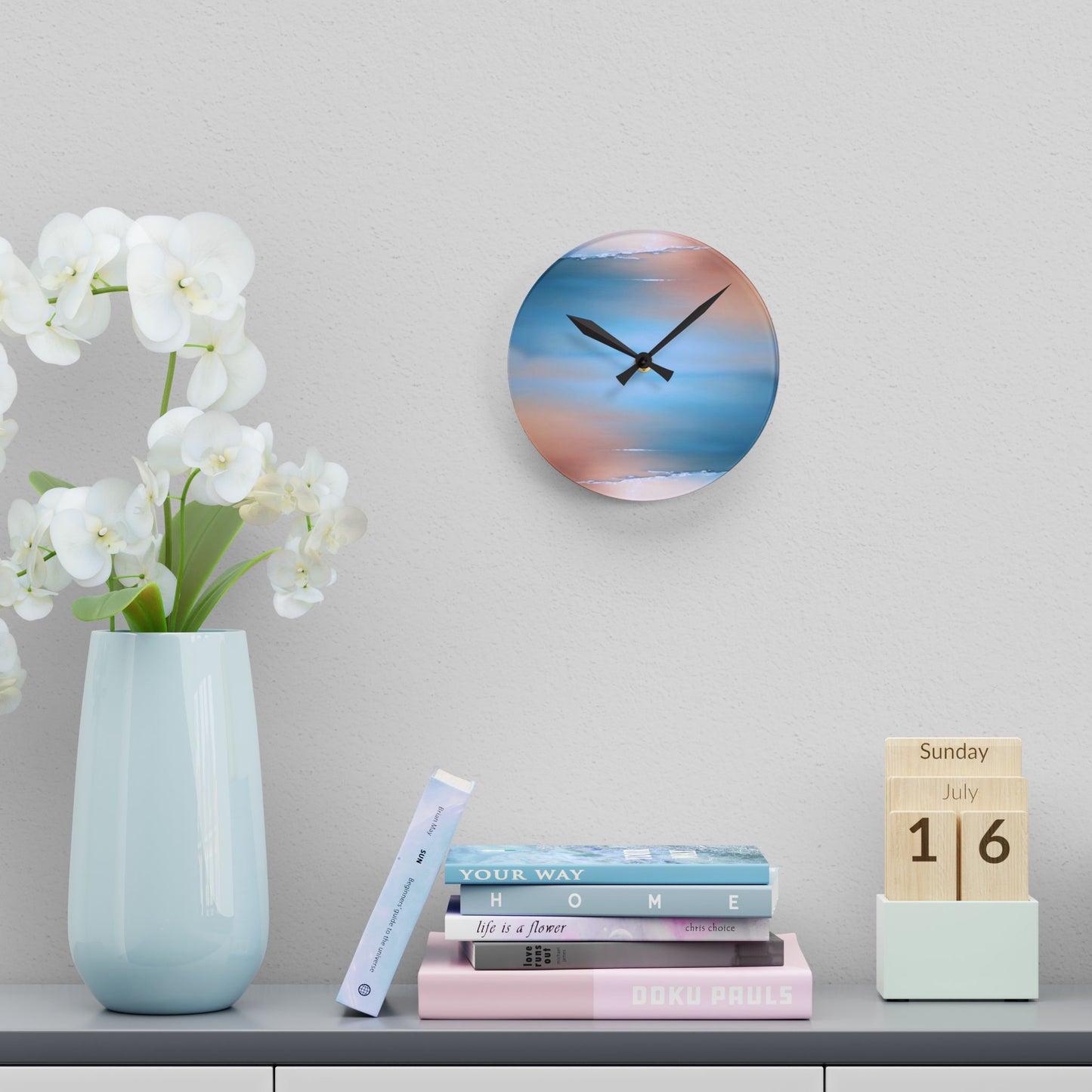Blue Sea Peach Fog Acrylic Round Wall Clock, 8" x 8"