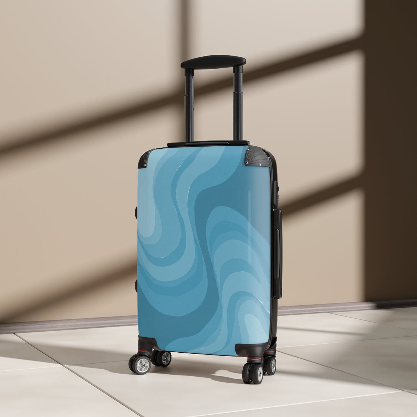 Sky Blue Wavey Small Suitcase with built in lock, 4 double-wheels, telescopic handle, and ABS back hard-shell
