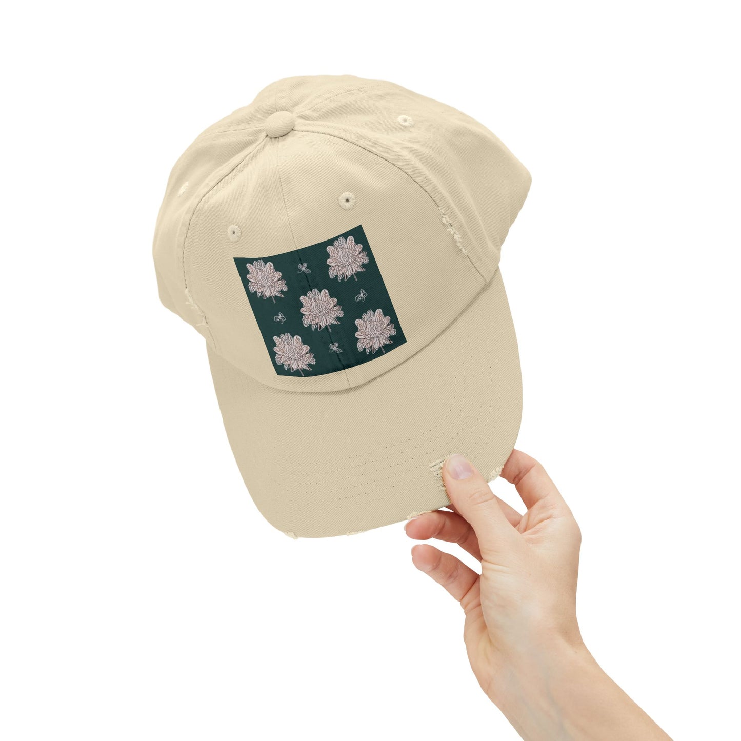 Soft White Floral Butterflies Unisex Distressed Cap