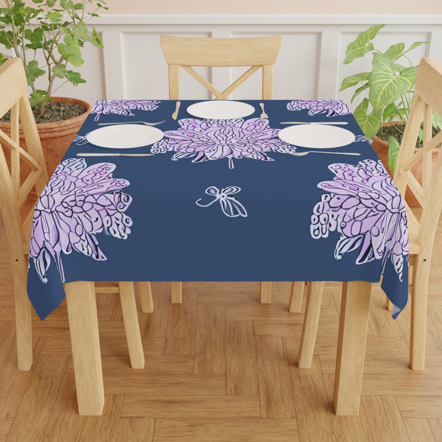 Purple White Floral Butterflies Tablecloth, 55" x 55"