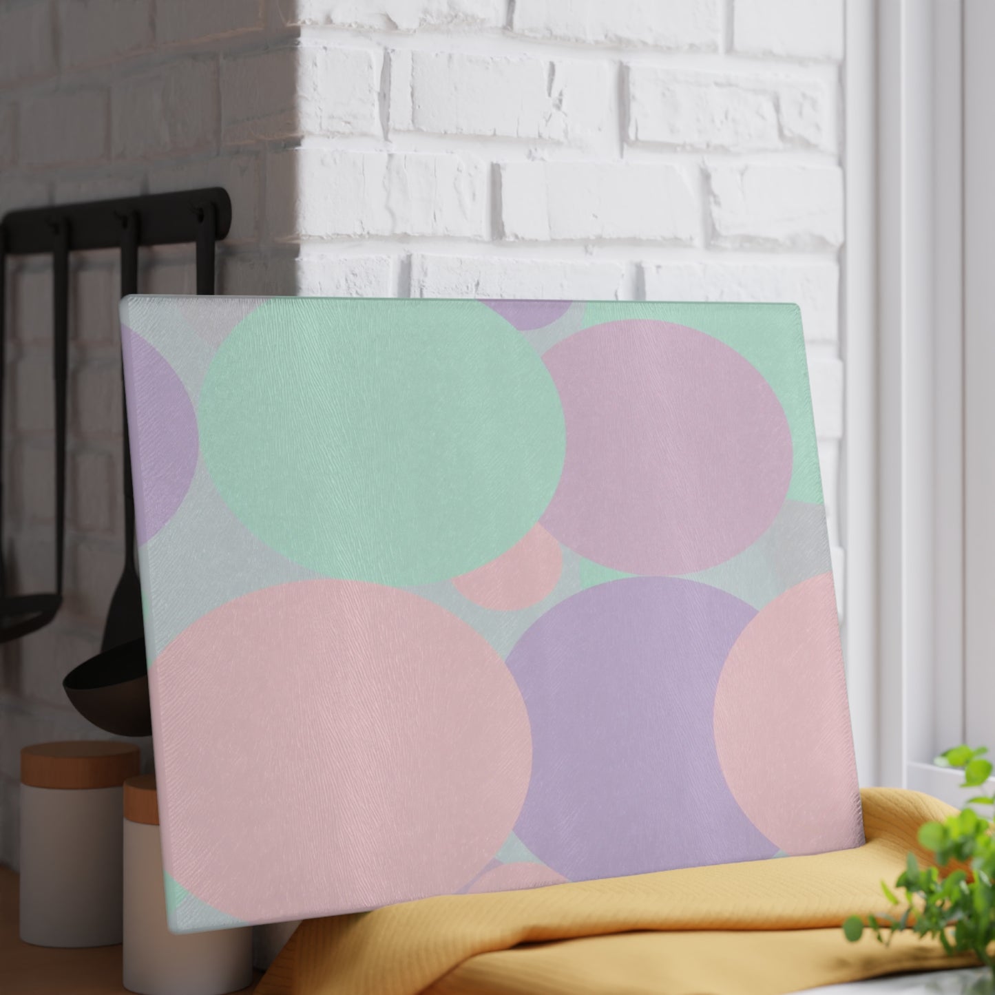 Pastel Peach and Soft Green Patches 11" x 15" Glass Cutting Board