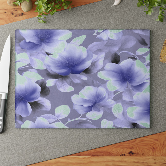 Indigo Blossom Floral Bunch Glass Cutting Board, 11" x 15"