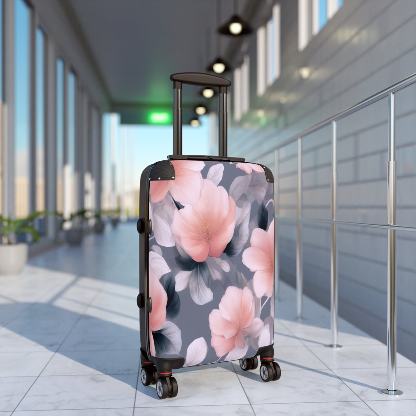 Peach and Blue Gray Floral Bunch Small Suitcase with built in lock, 4 double-wheels, telescopic handle, and ABS back hard-shell