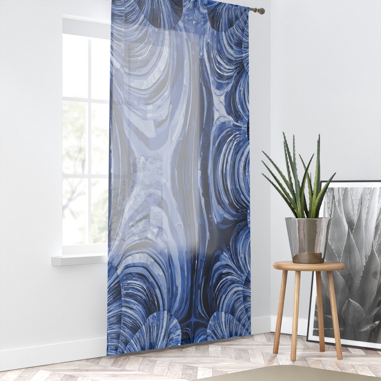 Uzi Spiral Deep Blue Sheer Window Curtain, 50" x 84", partially transparent