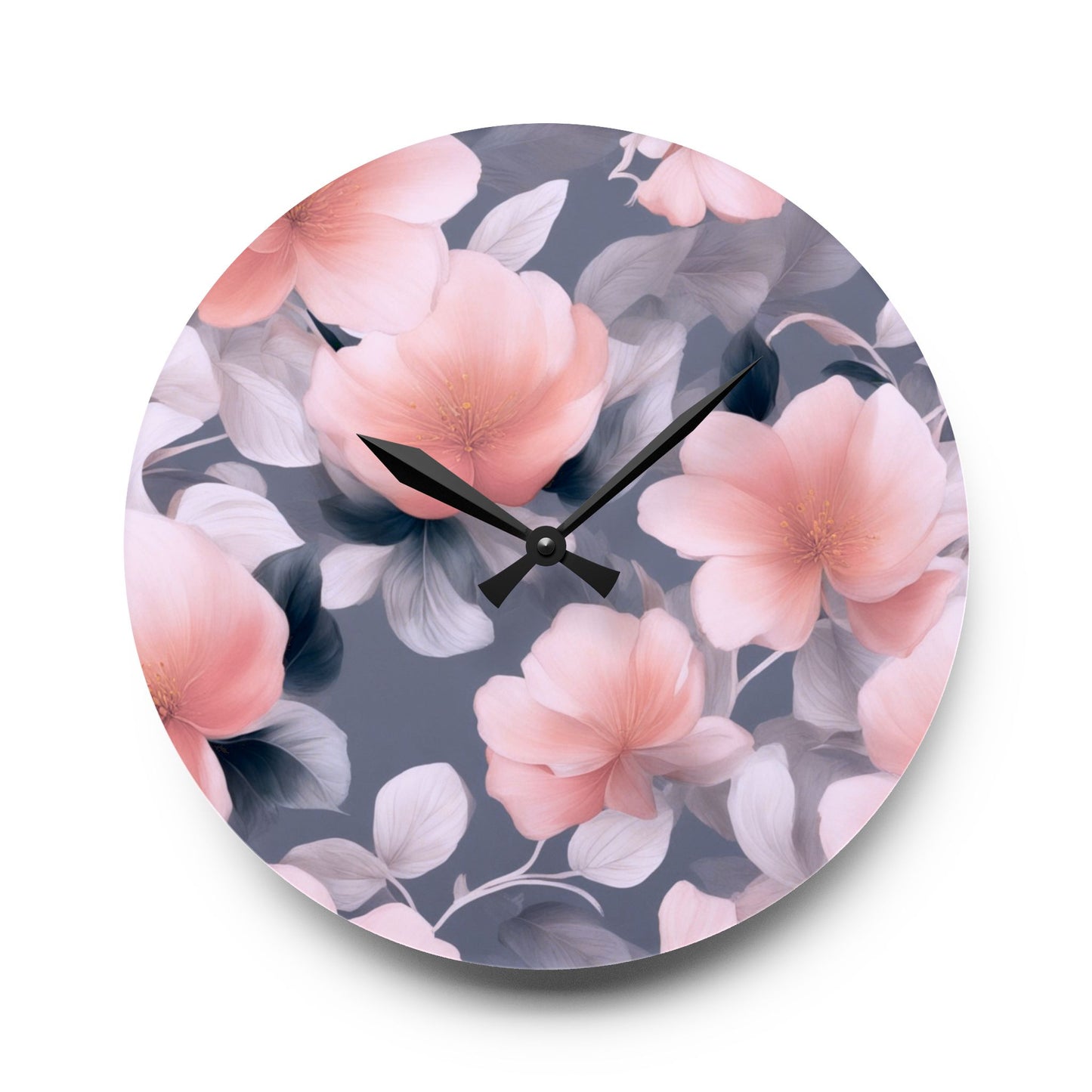 Peach and Blue Gray Floral Bunch Acrylic Wall Clock, Round or Square, 10.75" x 10.75"