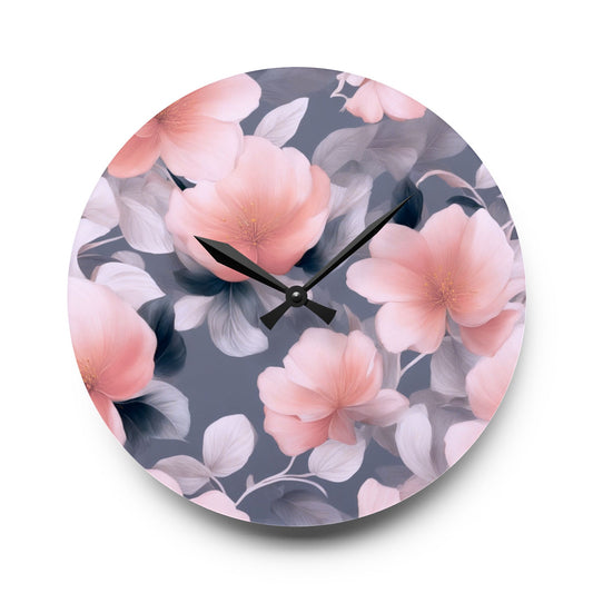 Peach and Blue Gray Floral Bunch Acrylic Wall Clock, Round or Square, 10.75" x 10.75"
