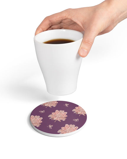 Pink Floral Butterflies 4" x 4" Round Ceramic Coaster