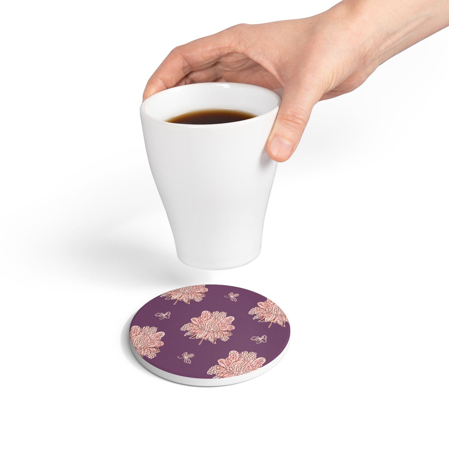Pink Floral Butterflies 4" x 4" Round Ceramic Coaster