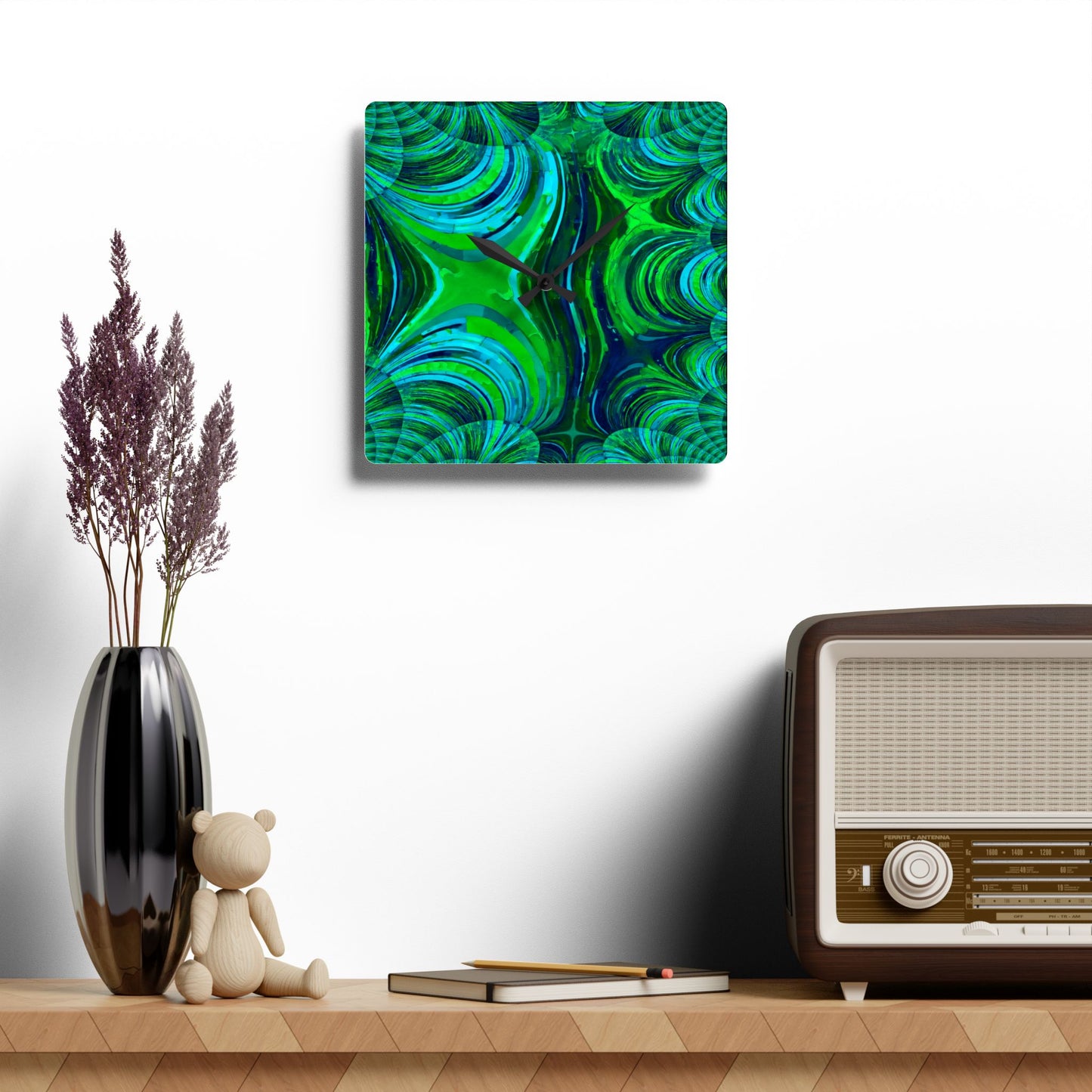 Uzi Spiral Blue Green Acrylic Wall Clock, Round or Square, 10.75" x 10.75"