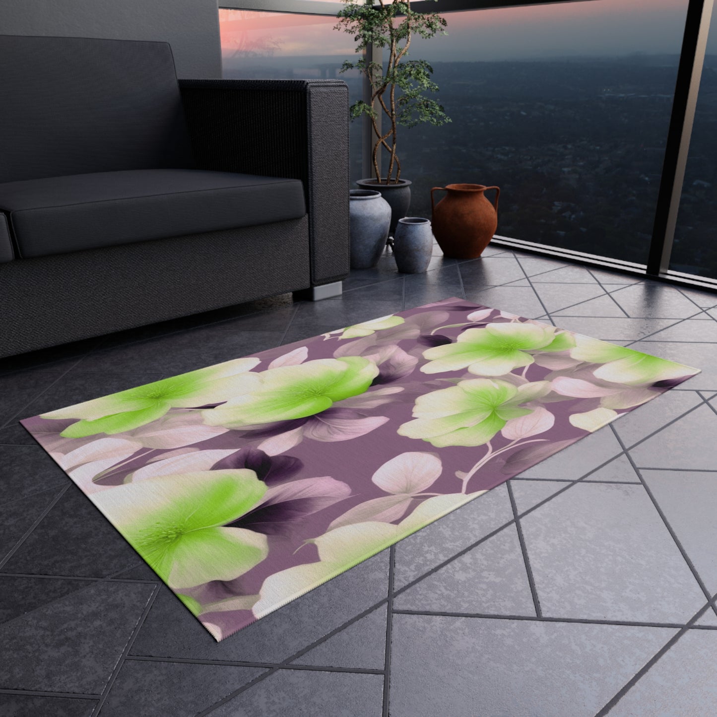 Lime Lavender Floral Bunch Outdoor Rug, 36" x 60"
