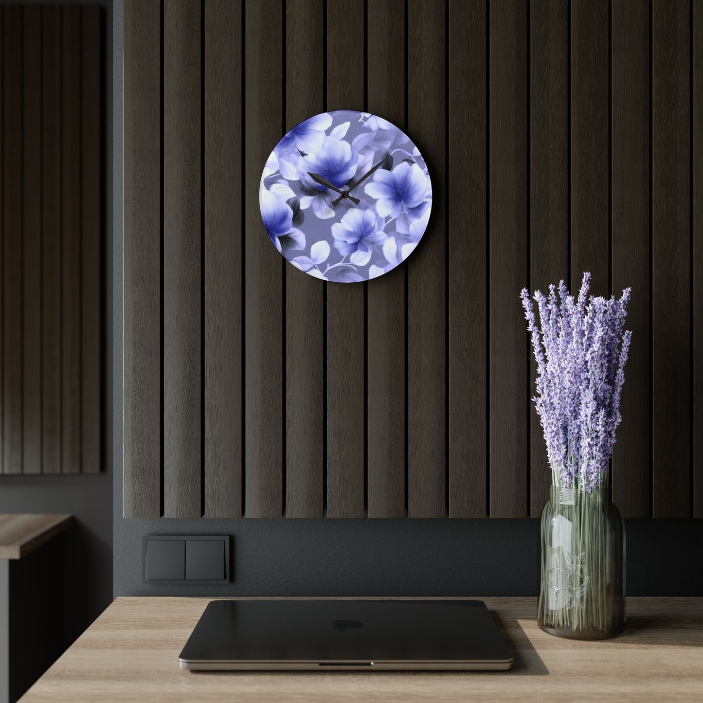Indigo Blossom Floral Bunch Acrylic Wall Clock, Round or Square, 10.75" x 10.75"