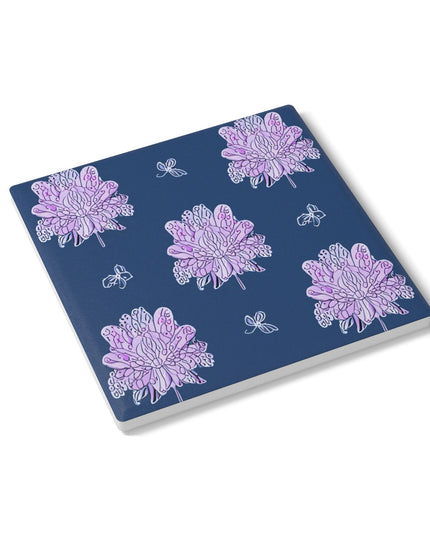 Purple White Floral Butterflies 4" x 4" Square Ceramic Coaster