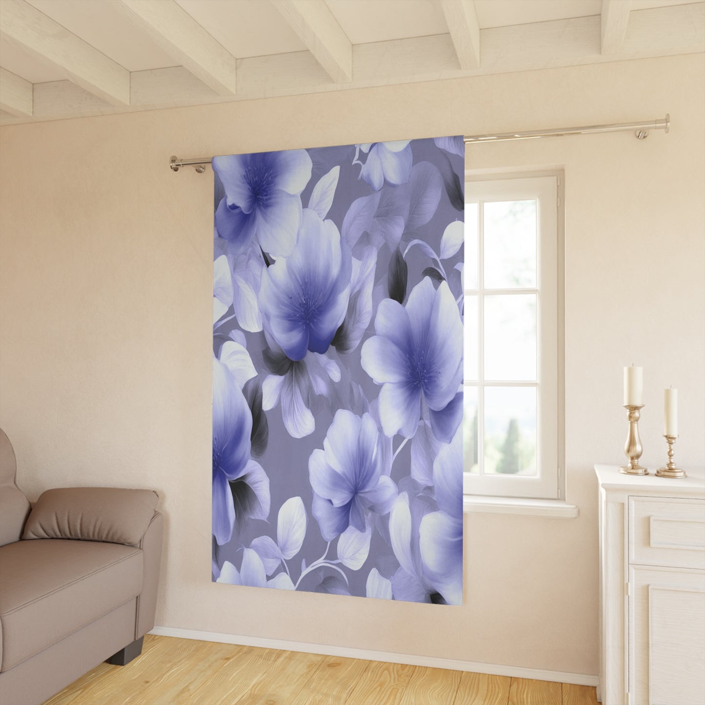 Indigo Blossom Floral Bunch Window Curtain, 50" x  84", blackout